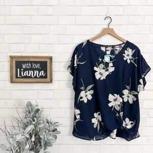 WEST KEI Stitch Fix Allura Knot Detail Floral Navy Blouse